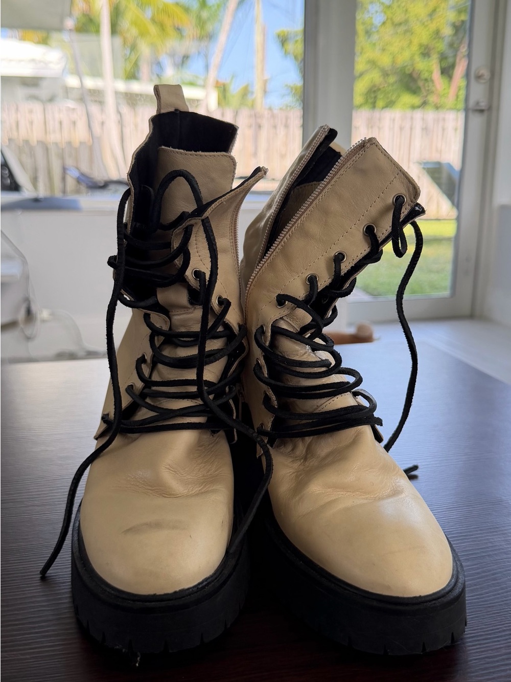 Free People Cream Dylan Lace-Up Platform Combat Boots with Black Soles